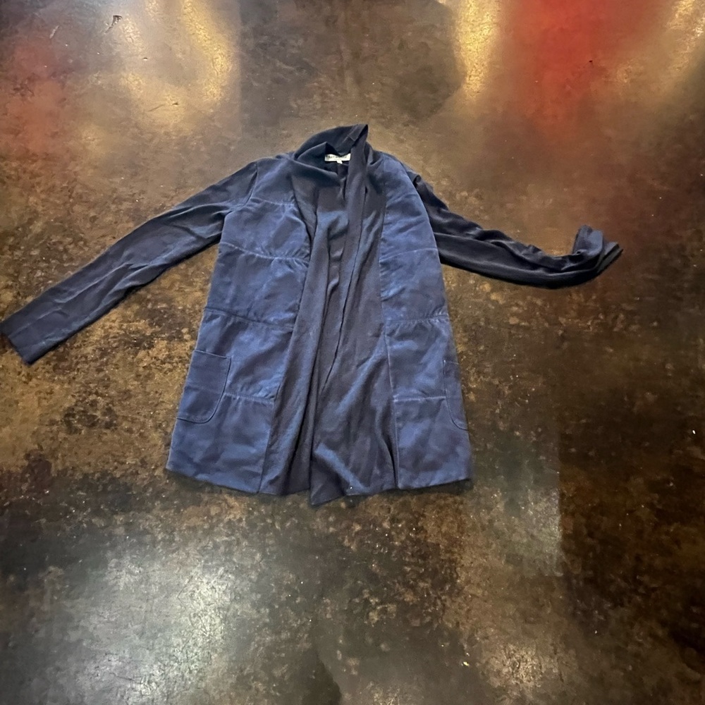 Rani Arabella Navy Blue cashmere silk. Suede front Cardigan L